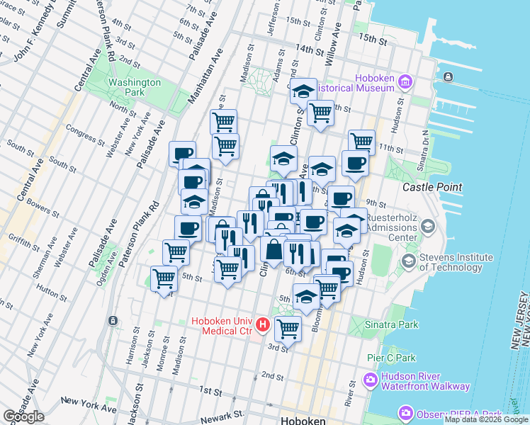 map of restaurants, bars, coffee shops, grocery stores, and more near 701 Grand Street in Hoboken