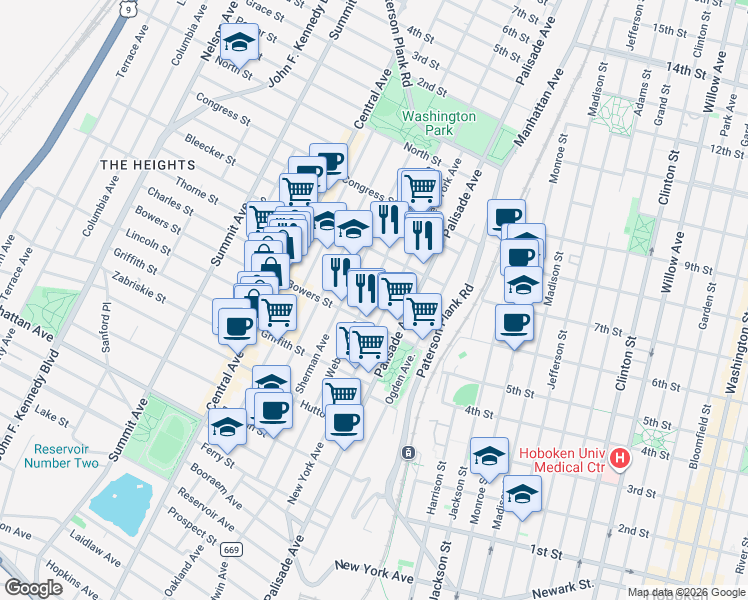 map of restaurants, bars, coffee shops, grocery stores, and more near 52 Bowers Street in Jersey City