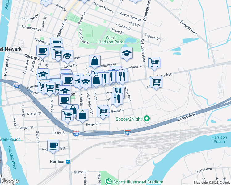 map of restaurants, bars, coffee shops, grocery stores, and more near 719 Jersey Street in Harrison