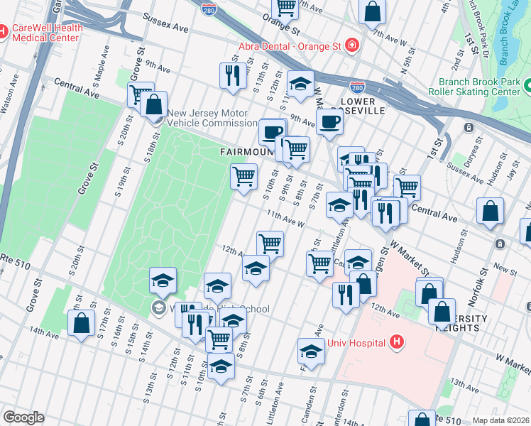map of restaurants, bars, coffee shops, grocery stores, and more near 196 South 10th Street in Newark