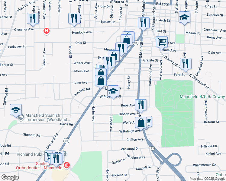 map of restaurants, bars, coffee shops, grocery stores, and more near 78 West Prospect Street in Mansfield