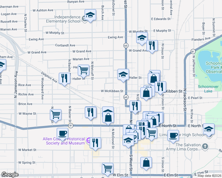 map of restaurants, bars, coffee shops, grocery stores, and more near 417 W Mckibben St in Lima