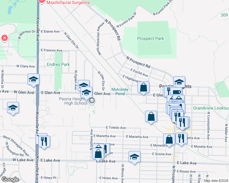 map of restaurants, bars, coffee shops, grocery stores, and more near 724 East Glen Avenue in Peoria Heights
