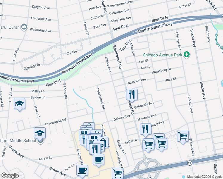 map of restaurants, bars, coffee shops, grocery stores, and more near 1404 Illinois Avenue in Bay Shore