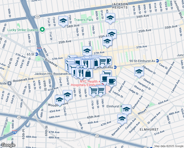 map of restaurants, bars, coffee shops, grocery stores, and more near in Queens