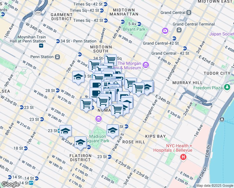 map of restaurants, bars, coffee shops, grocery stores, and more near 309 5th Avenue in New York