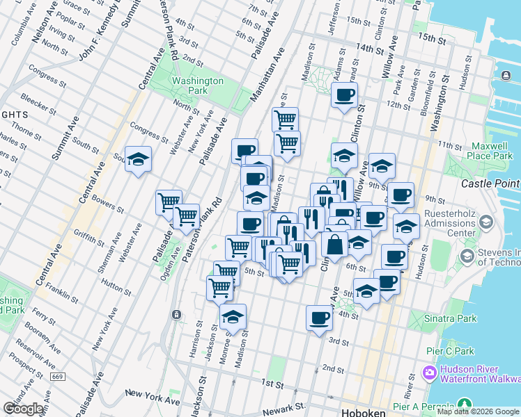 map of restaurants, bars, coffee shops, grocery stores, and more near 625 Madison Street in Hoboken