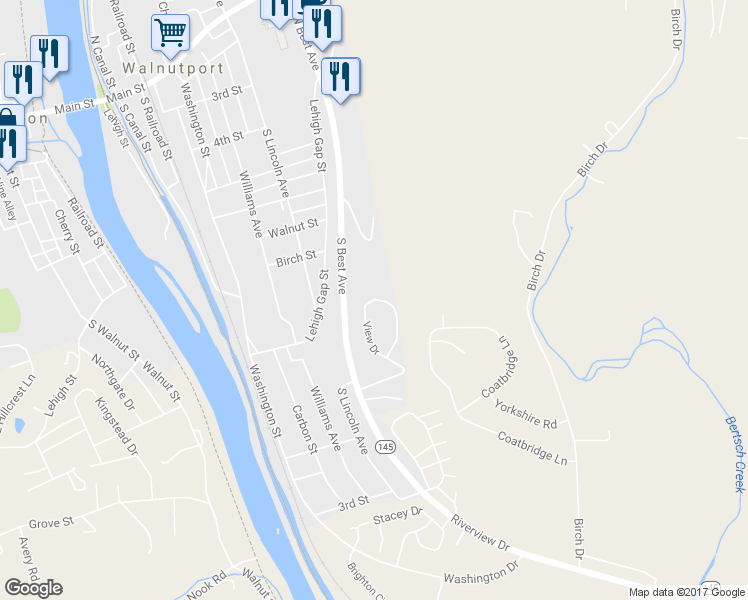 map of restaurants, bars, coffee shops, grocery stores, and more near 23 View Drive in Walnutport