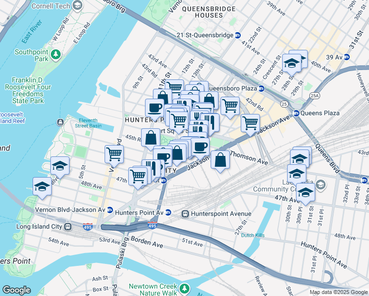 map of restaurants, bars, coffee shops, grocery stores, and more near 21-21 46th Avenue in Queens