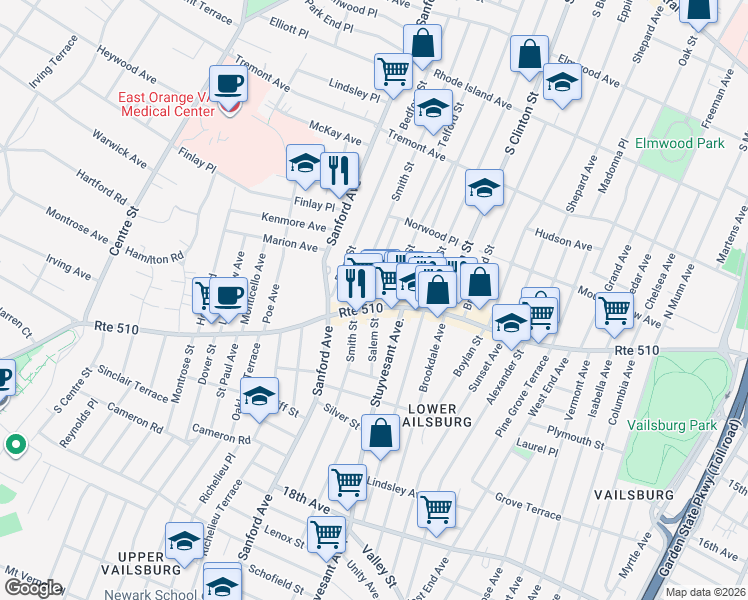 map of restaurants, bars, coffee shops, grocery stores, and more near 174 Smith Street in Newark