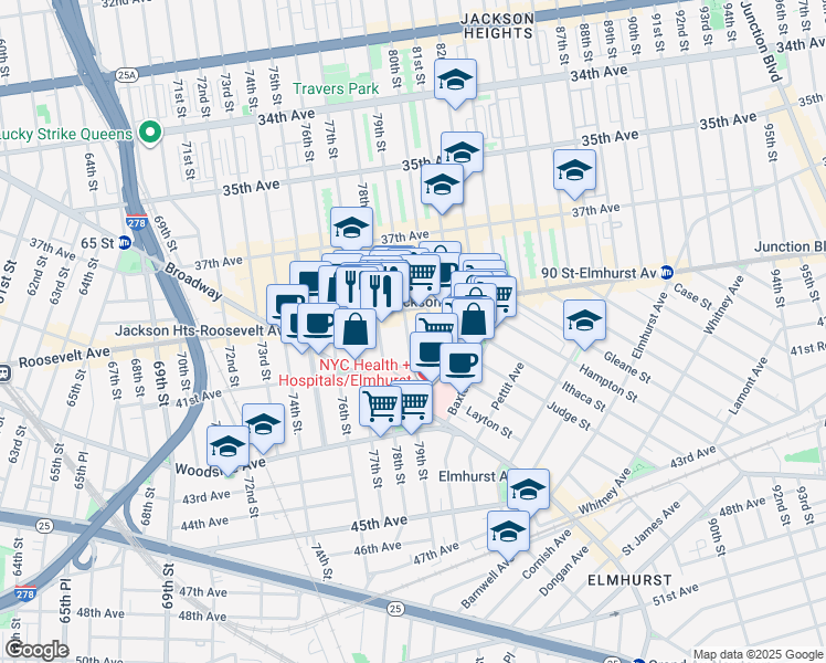 map of restaurants, bars, coffee shops, grocery stores, and more near 40-19 79th Street in Queens