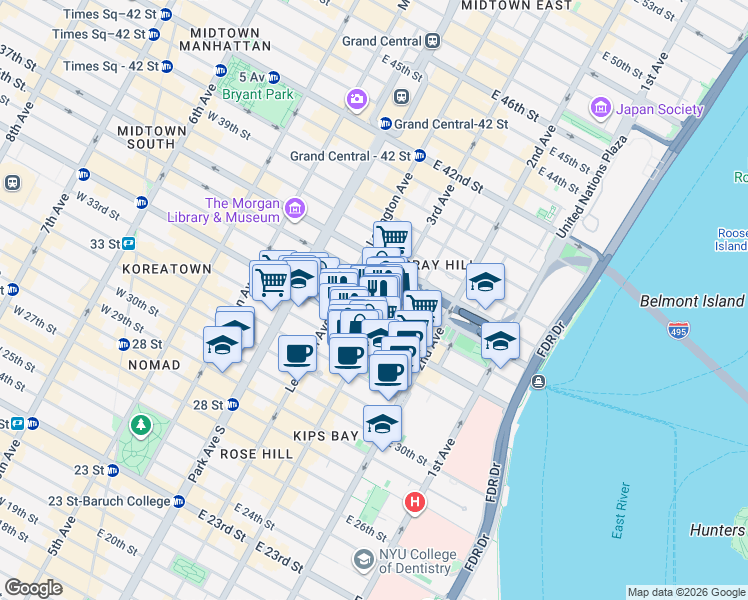 map of restaurants, bars, coffee shops, grocery stores, and more near 507 3rd Avenue in New York