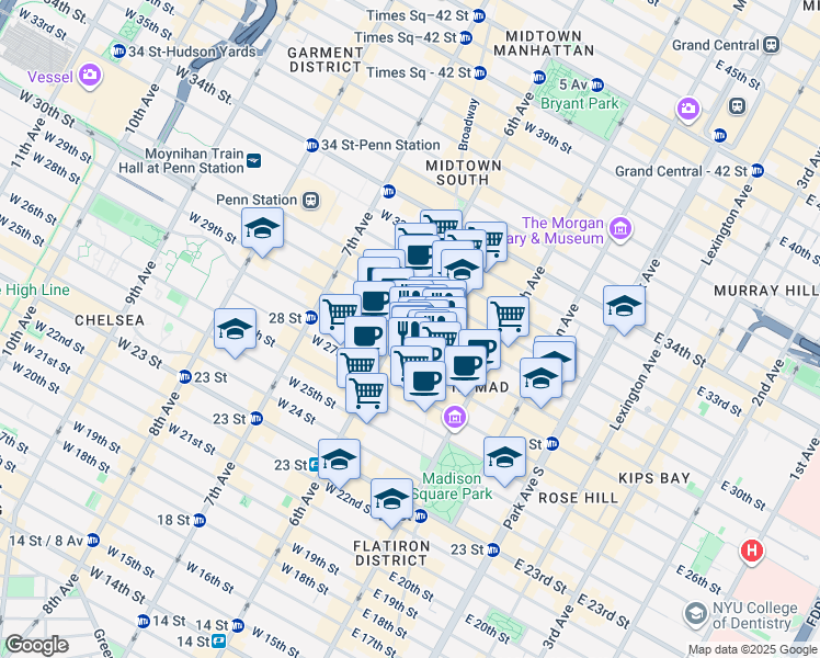 map of restaurants, bars, coffee shops, grocery stores, and more near 1223 Broadway in New York