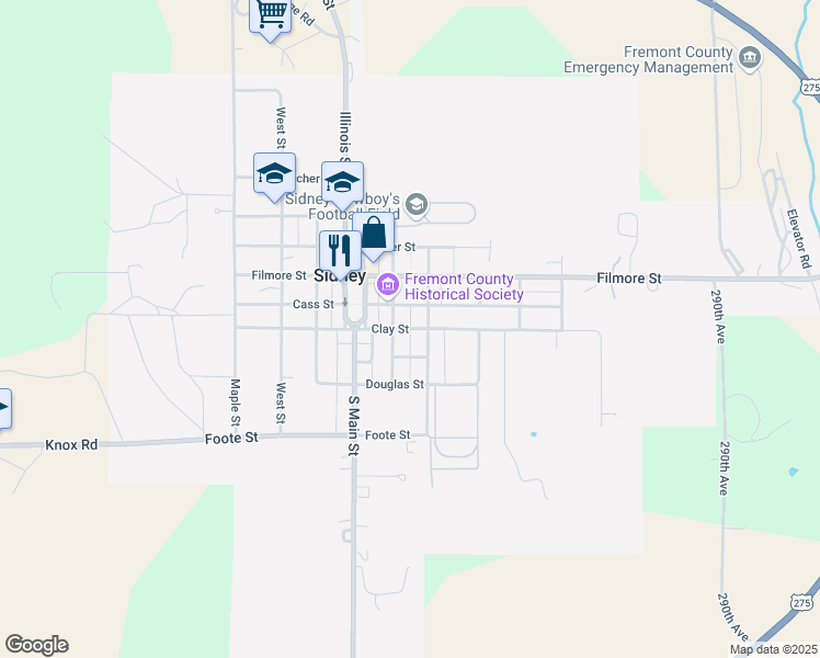 map of restaurants, bars, coffee shops, grocery stores, and more near Clay Street in Sidney