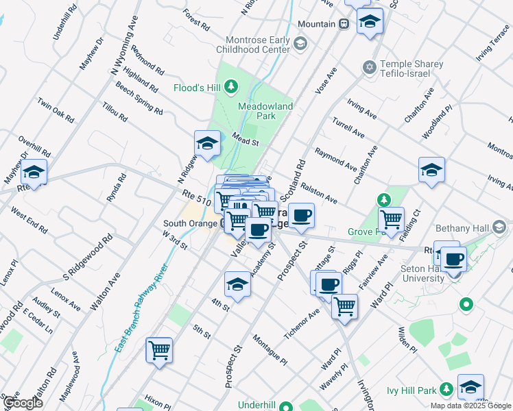 map of restaurants, bars, coffee shops, grocery stores, and more near 14 Route 510 in South Orange