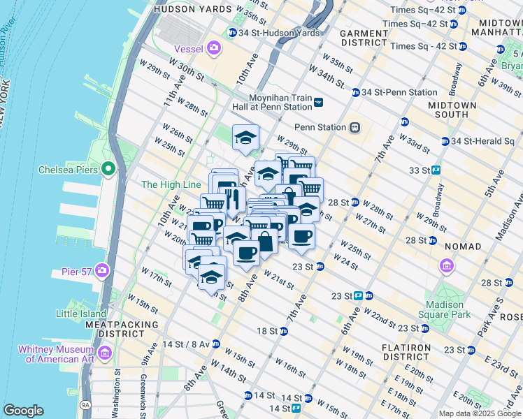 map of restaurants, bars, coffee shops, grocery stores, and more near 338 1/2 West 23rd Street in New York