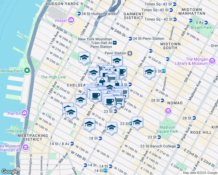 map of restaurants, bars, coffee shops, grocery stores, and more near 231 West 24th Street in New York