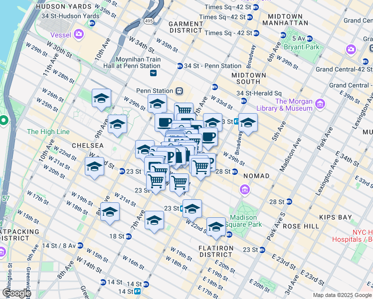 map of restaurants, bars, coffee shops, grocery stores, and more near 150 West 28th Street in New York