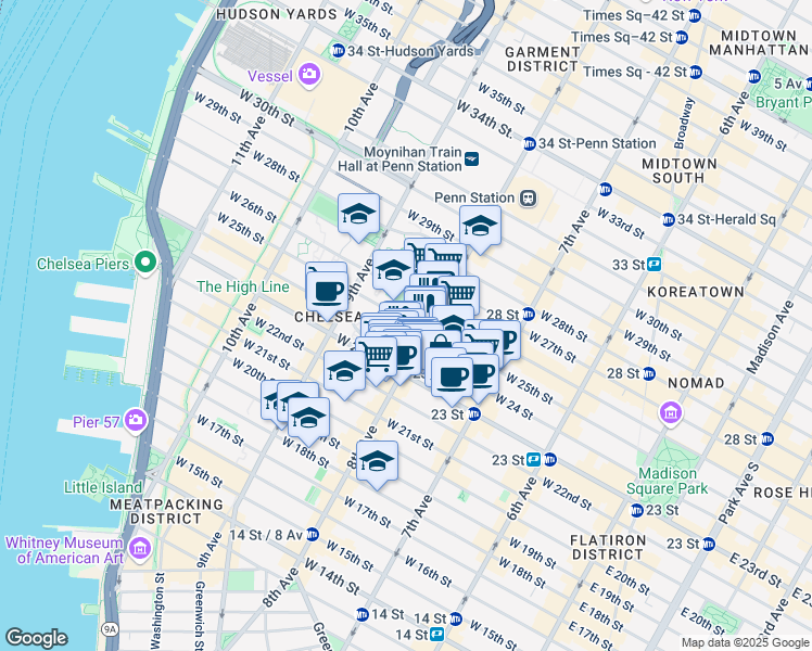 map of restaurants, bars, coffee shops, grocery stores, and more near 312 West 25th Street in New York