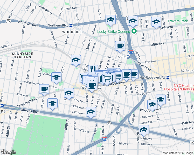 map of restaurants, bars, coffee shops, grocery stores, and more near 39-11 61st Street in Queens