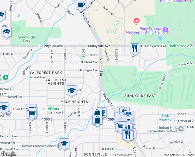map of restaurants, bars, coffee shops, grocery stores, and more near 2052 East Michigan Avenue in Salt Lake City