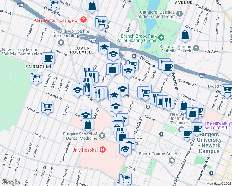 map of restaurants, bars, coffee shops, grocery stores, and more near 54 Morris Avenue in Newark