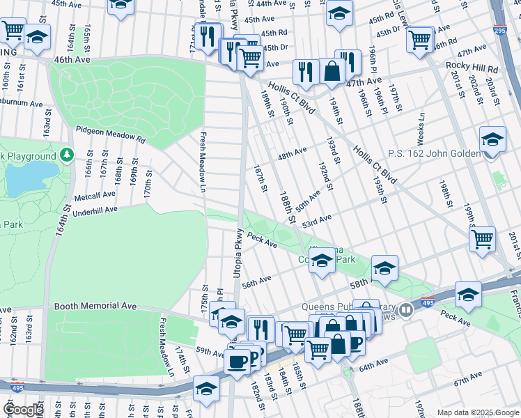 map of restaurants, bars, coffee shops, grocery stores, and more near 48-42 187th Street in Queens