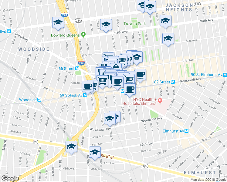 map of restaurants, bars, coffee shops, grocery stores, and more near 7232 Broadway in Queens