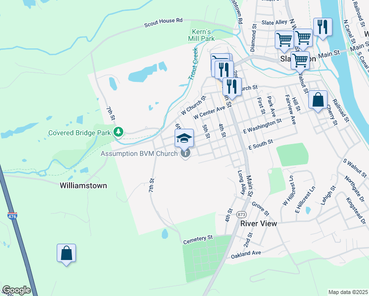 map of restaurants, bars, coffee shops, grocery stores, and more near 630 West Washington Street in Slatington