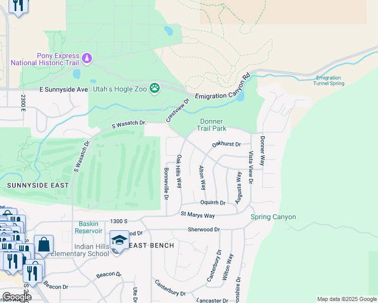 map of restaurants, bars, coffee shops, grocery stores, and more near 990 Oak Hills Way in Salt Lake City