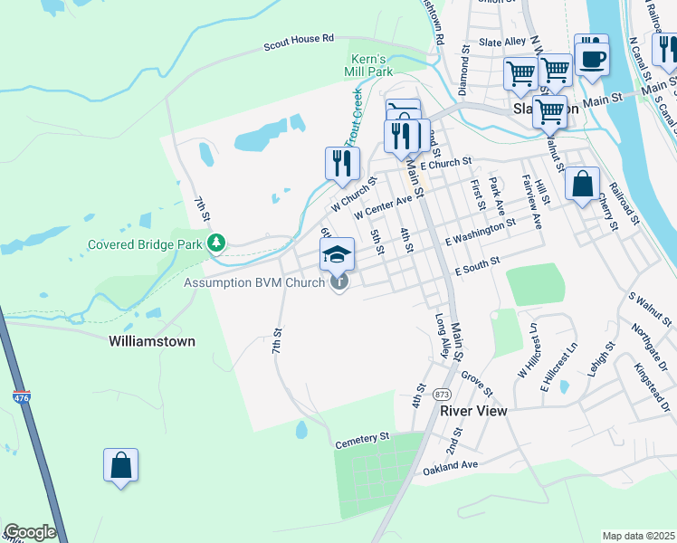 map of restaurants, bars, coffee shops, grocery stores, and more near 630 West Washington Street in Slatington