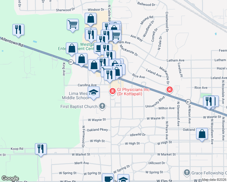 map of restaurants, bars, coffee shops, grocery stores, and more near 601-669 N Cable Rd in Lima