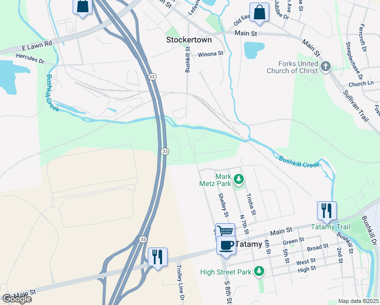 map of restaurants, bars, coffee shops, grocery stores, and more near 1520 Tatamy Road in Easton