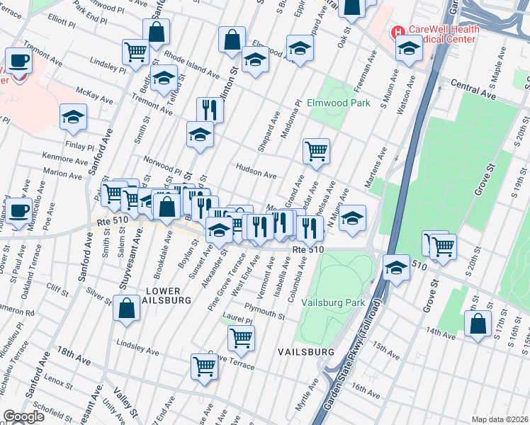 map of restaurants, bars, coffee shops, grocery stores, and more near 33 Arsdale Terrace in East Orange