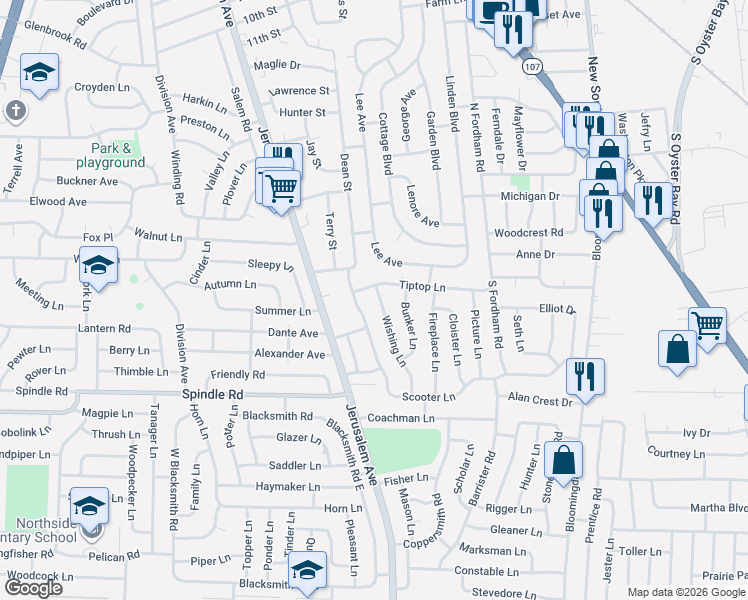 map of restaurants, bars, coffee shops, grocery stores, and more near 6 Wishing Lane in Hicksville