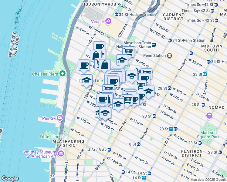 map of restaurants, bars, coffee shops, grocery stores, and more near 401 West 23rd Street in New York