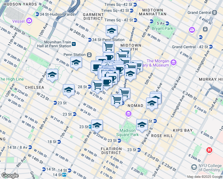 map of restaurants, bars, coffee shops, grocery stores, and more near 103 West 29th Street in New York