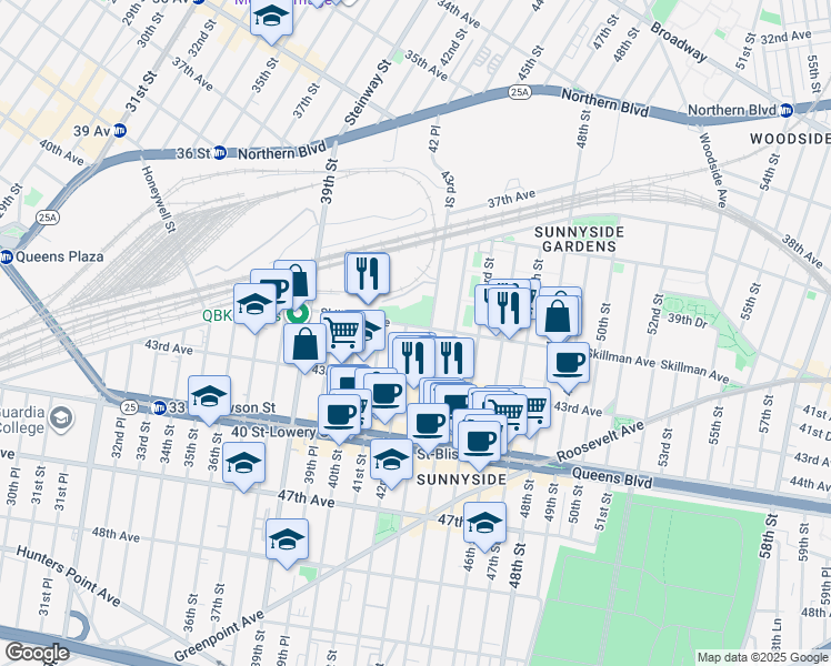 map of restaurants, bars, coffee shops, grocery stores, and more near 42-12 Skillman Avenue in Queens