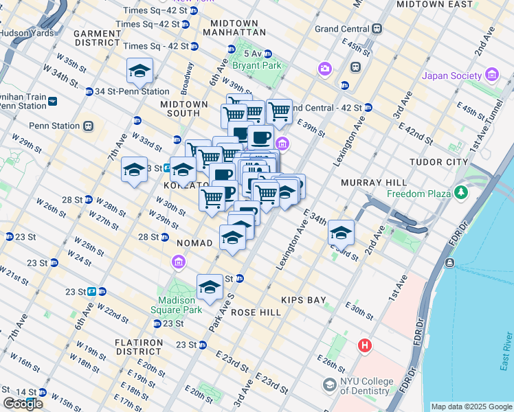 map of restaurants, bars, coffee shops, grocery stores, and more near 30 East 33rd Street in New York