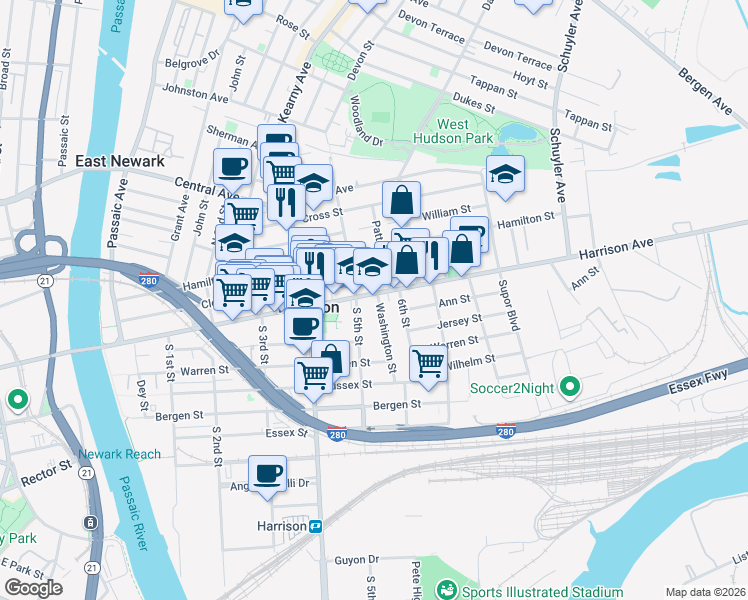 map of restaurants, bars, coffee shops, grocery stores, and more near 1 Washington Street in Harrison