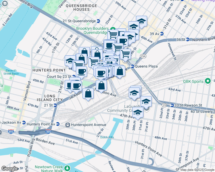 map of restaurants, bars, coffee shops, grocery stores, and more near 26-36 Jackson Avenue in Queens