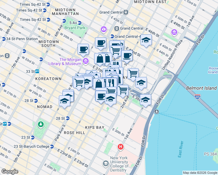 map of restaurants, bars, coffee shops, grocery stores, and more near 165 East 35th Street in New York