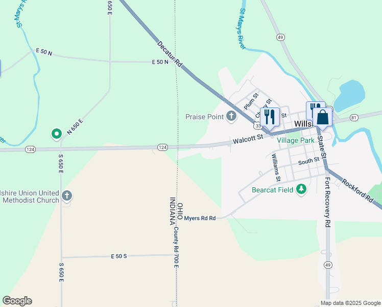 map of restaurants, bars, coffee shops, grocery stores, and more near 1070 Ohio 81 in Willshire