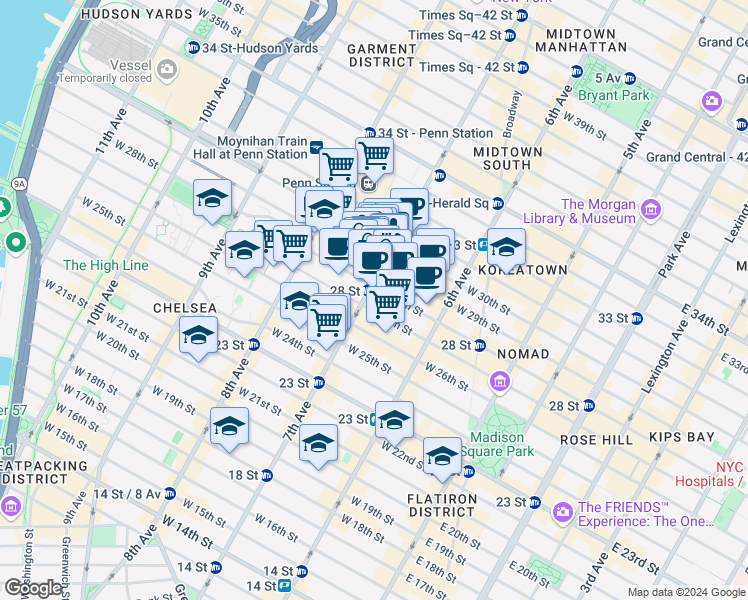 map of restaurants, bars, coffee shops, grocery stores, and more near 307 7th Avenue in New York