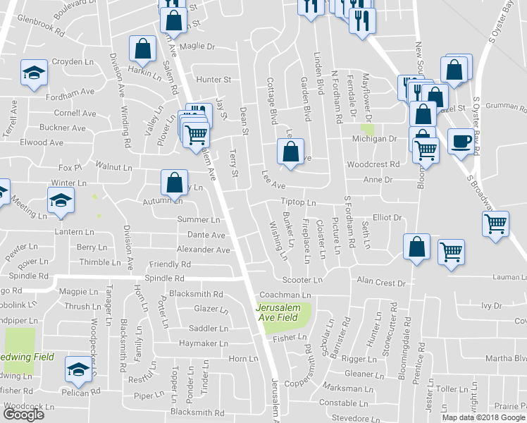 map of restaurants, bars, coffee shops, grocery stores, and more near 6 Wishing Lane in Hicksville
