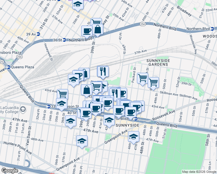 map of restaurants, bars, coffee shops, grocery stores, and more near 40-05 Skillman Avenue in Queens
