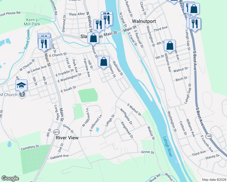 map of restaurants, bars, coffee shops, grocery stores, and more near 311 South Walnut Street in Slatington