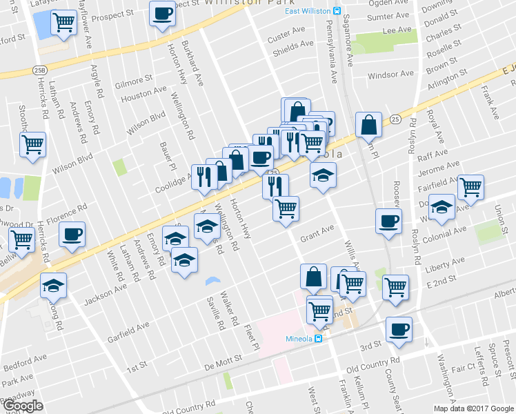 map of restaurants, bars, coffee shops, grocery stores, and more near 212 Washington Avenue in Mineola