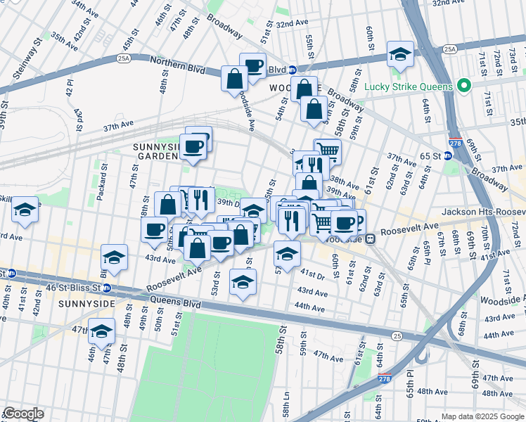 map of restaurants, bars, coffee shops, grocery stores, and more near 54-01 Woodside Avenue in Queens