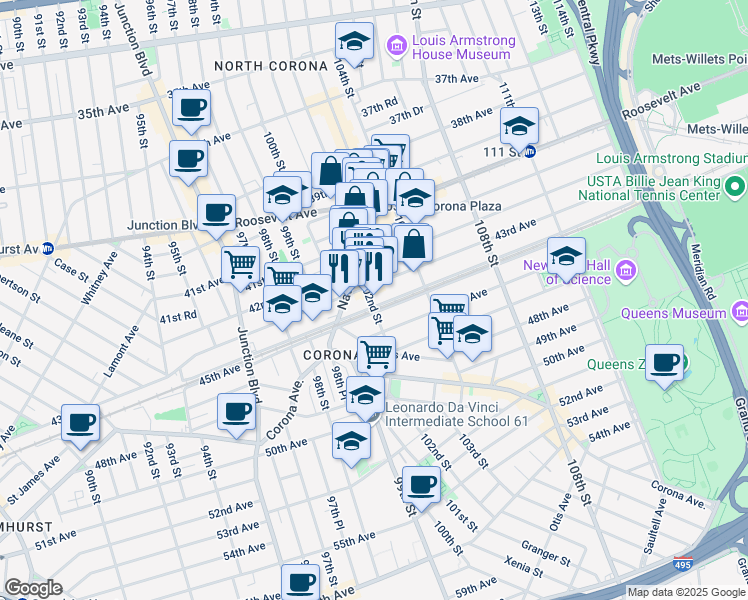 map of restaurants, bars, coffee shops, grocery stores, and more near 4203 102nd Street in Queens